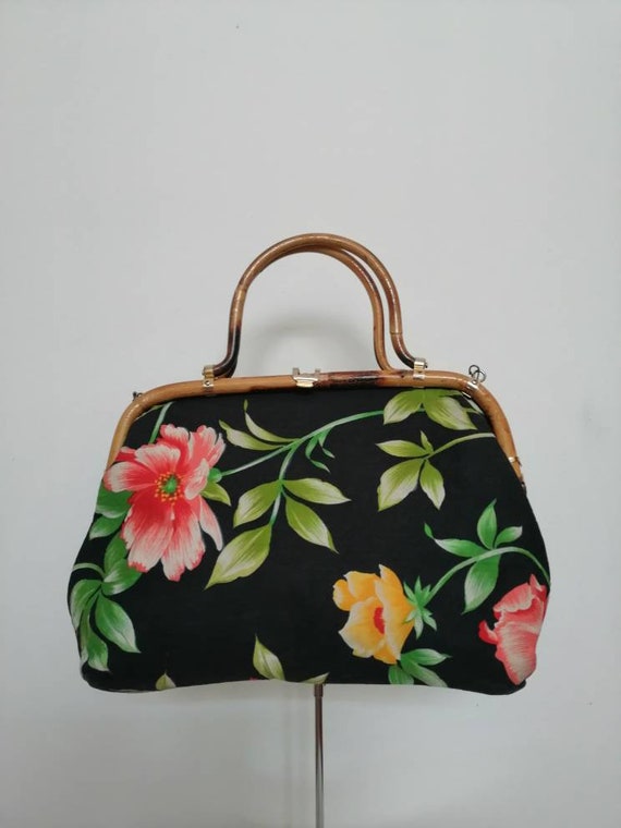 Vintage Bamboo Handbag, 80s Bag, Bamboo Handle Bag, Black Bag, Cotton Bag,  Tropical Flowers Bag, Shoulder Bag, 50 Style Bag, Summer Purse 