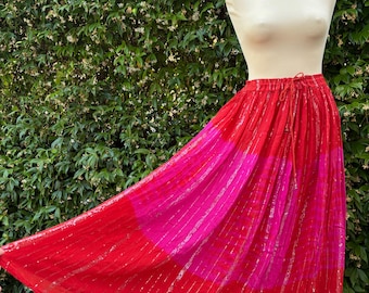 Falda de gasa de algodón india, falda india de los años 70, falda de gasa de algodón vintage, estilo boho, estilo festival, falda boho, hilos de lúrex plateado, falda roja