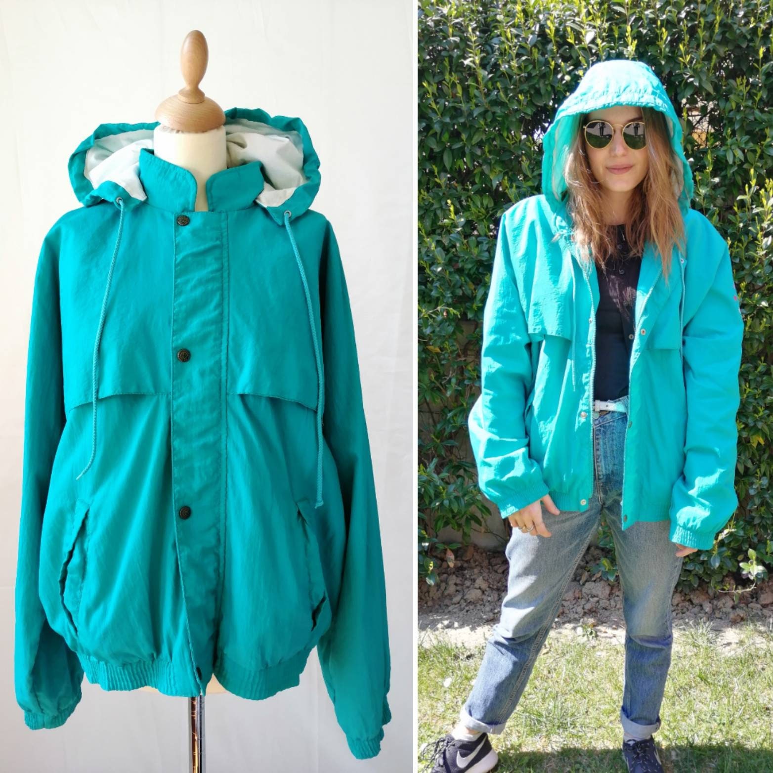 Vintage Best Company Jacket, 80s Aquamarine Jacket, Hood