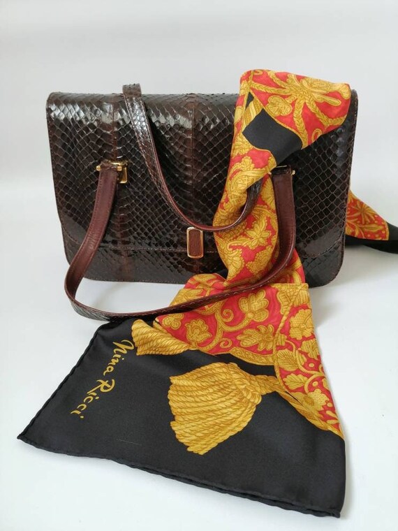 Snakeskin handbag, 60s vintage bag, brown leather bag, reptile effect, elegant bag, preppy style, golden edgings, three pockets, 60s fashion