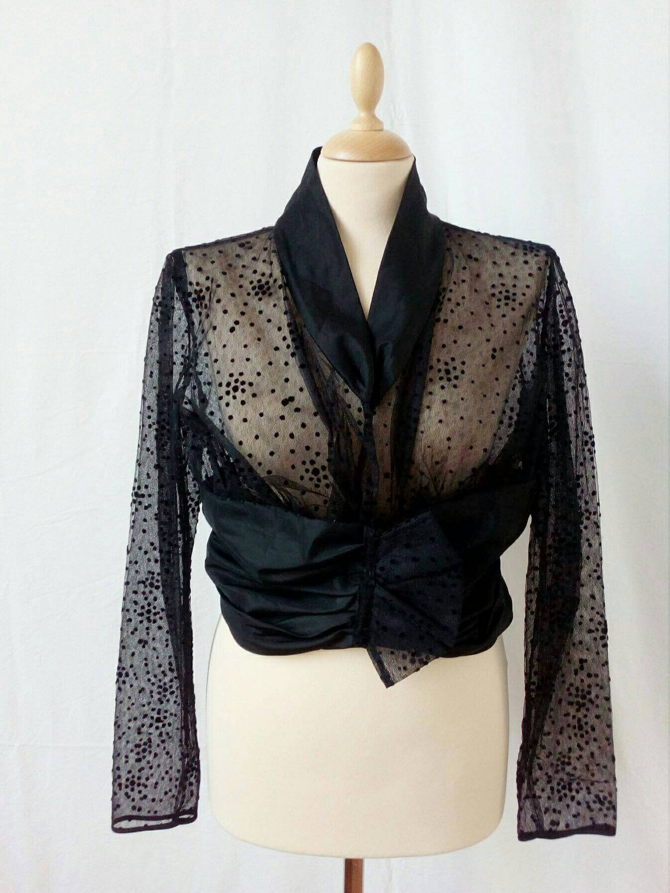 Mariella Burani blouse, 90s shirt, transparent blouse, black, small polka dot, sexy shirt, night out blouse, see through, taffeta, size M