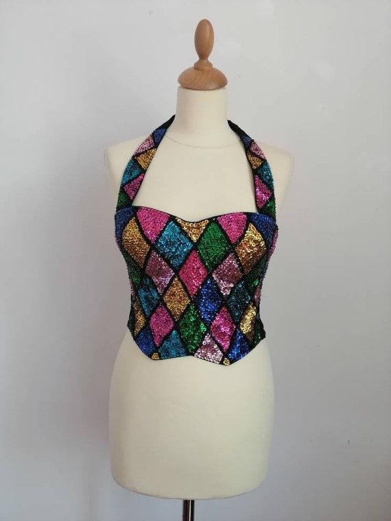 1980s sequins top, vintage party bustier, disco cl
