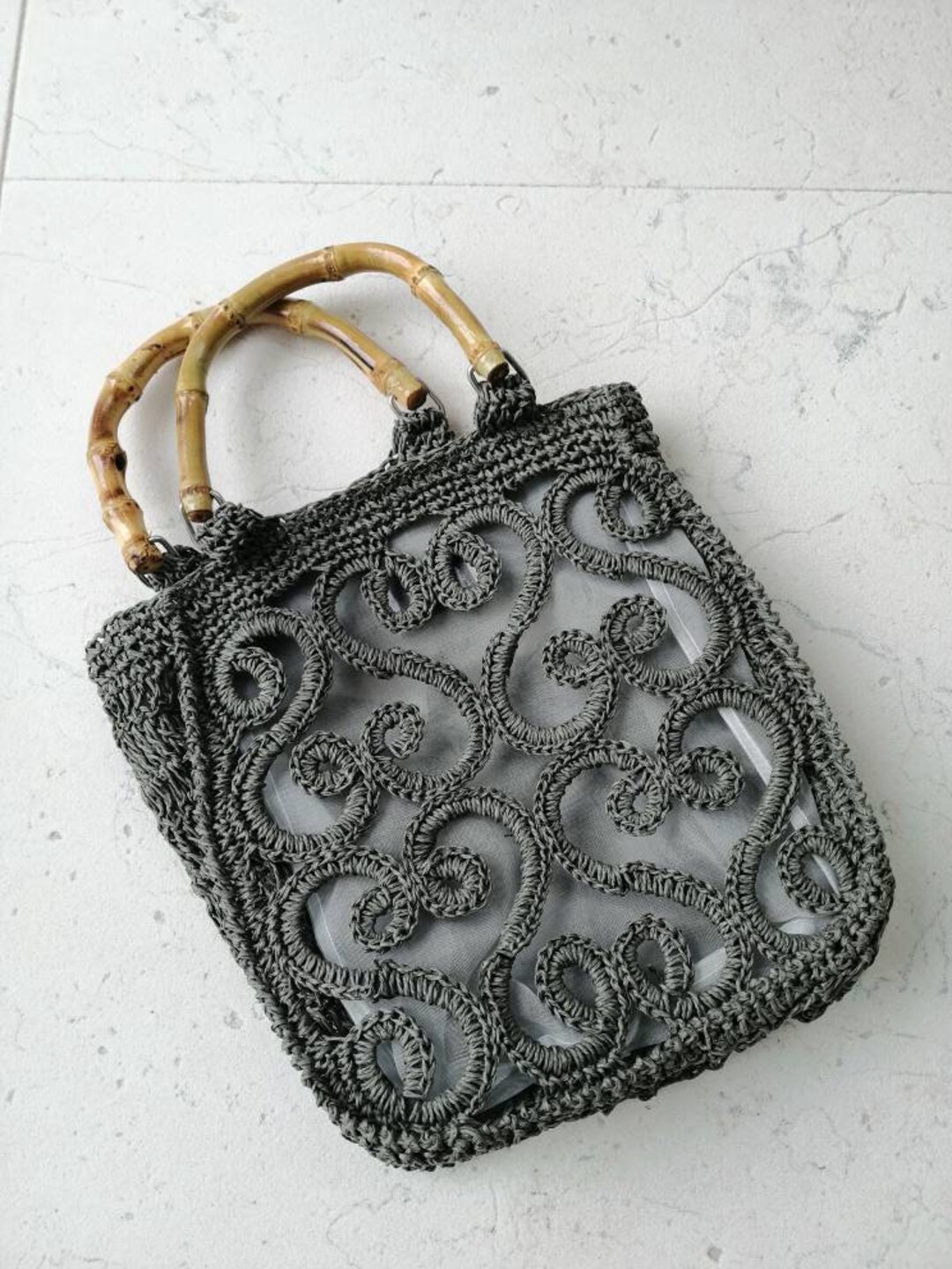 Bamboo handle2way bag／モノトーンレオパ Vintage Straw Handbag, Max Mara Bag, Raffia Bag, Transparent