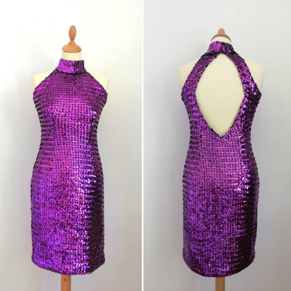 80s sequins dress, violet dress, naked back dress,