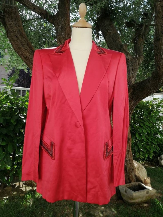 Escada Blazer, Vintage 90s Jacket, Red Blazer, Silk, Beaded Jacket, Neck  and Pockets Beaded, Embroidered Jacket, Elegant Blazer, Size M 