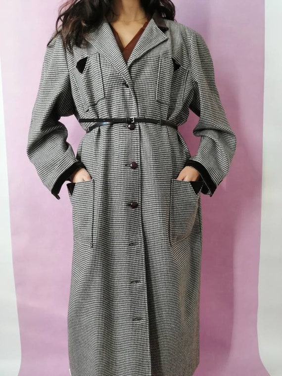 Vintage pied-de-poule coat, 80s woman coat, long … - image 1