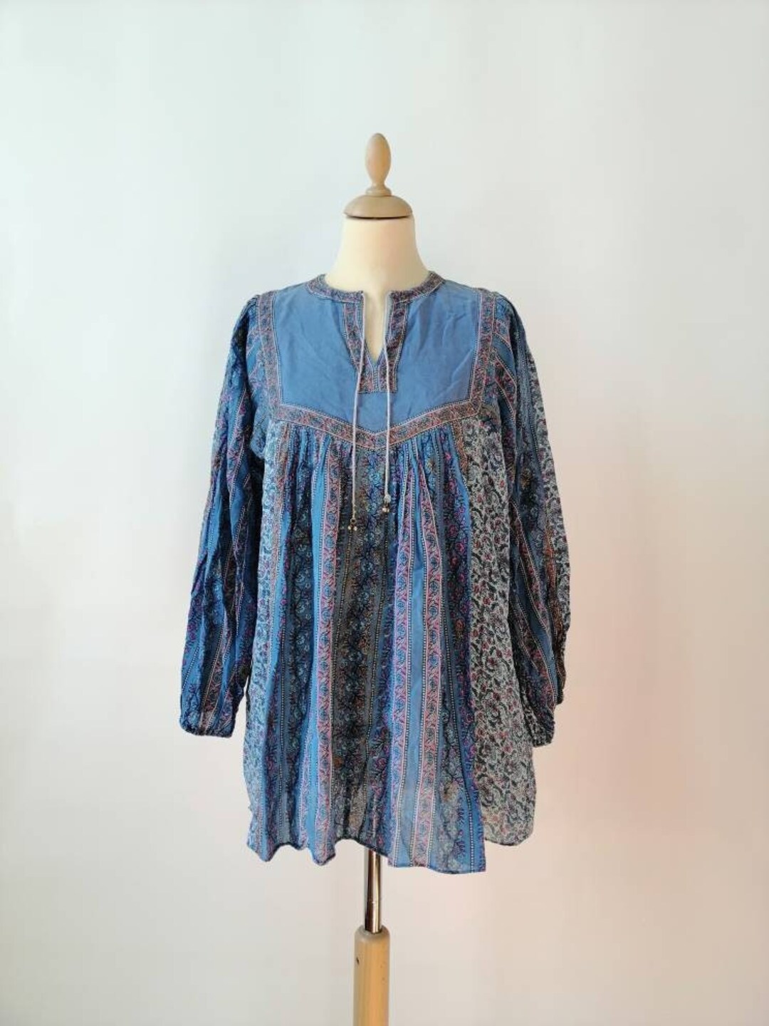 Indian Cotton Gauze Blouse, 70s Indian Blouse, Golden Block Print