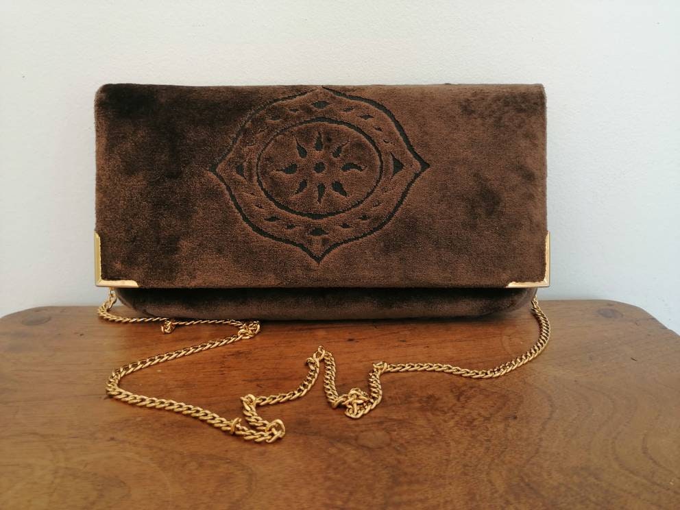 Cesare Piccini Bag, Vintage Brown Velvet Bag, 60s Purse  display picture 3