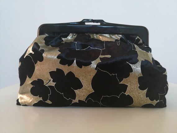 Floral clutch, 70s pochette, black small purse, 70