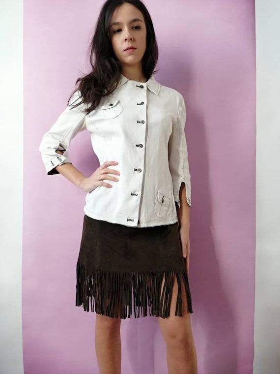 Fringes leather skirt, suede leather, brown leathe