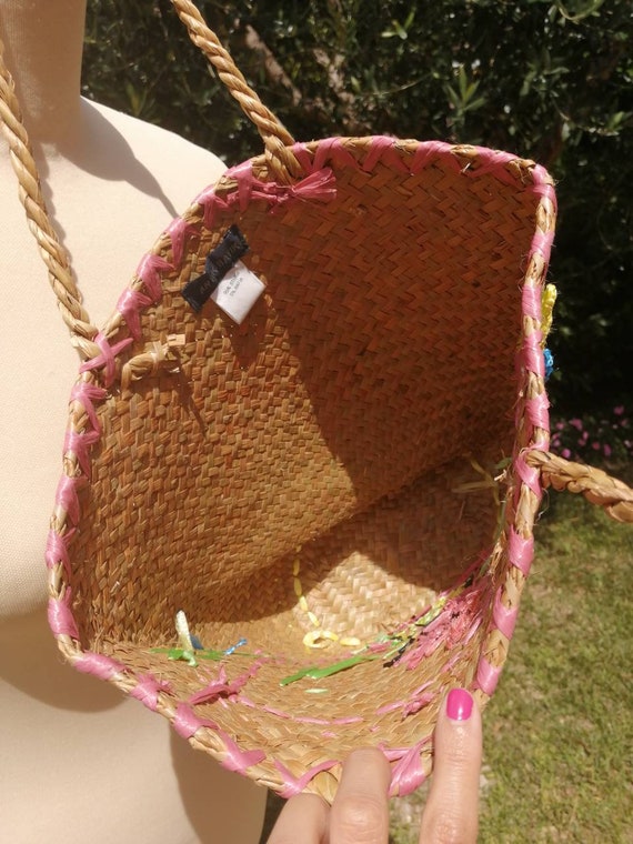 Vintage straw bag, embroidered raffia handbag, su… - image 9