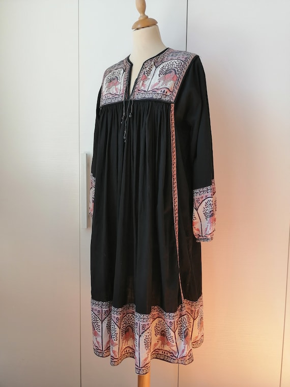 Indian Cotton Gauze Dress, Vintage 70s Indian Dress, Vintage Indian Dress, Golden Block Print, 70s Kaftan Dress, Black Long Dress, Peacock