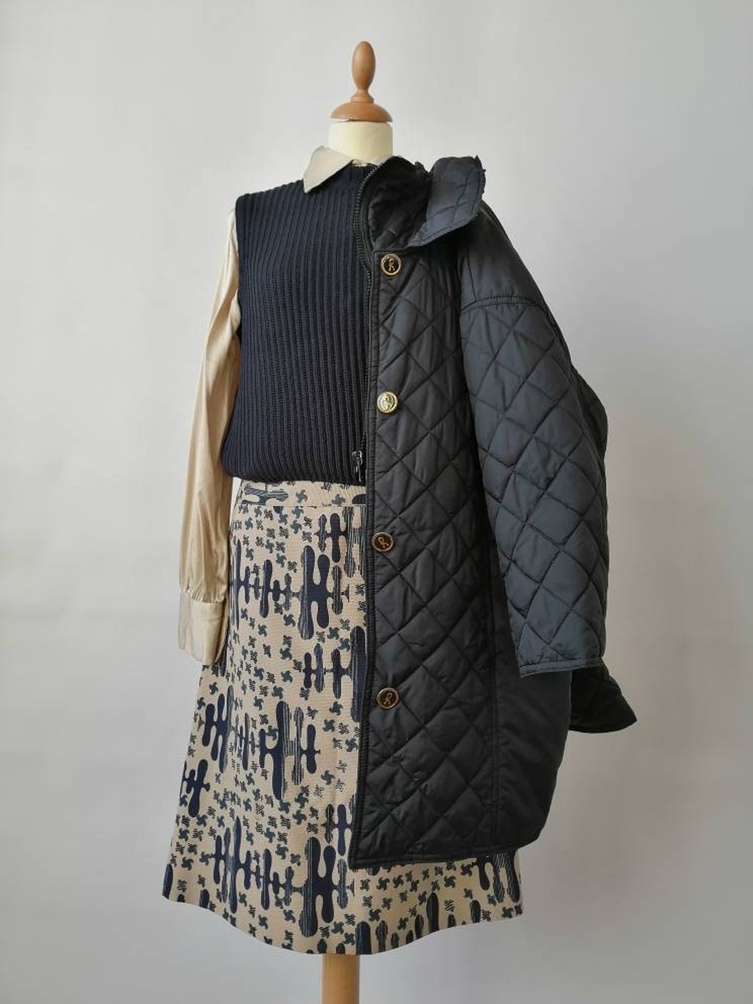Vintage Roberta Di Camerino Coat, Black Quilted Jacket Down, 80s