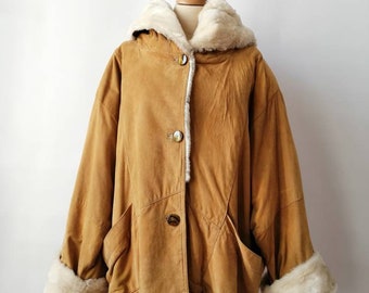 Shearling coat, vintage sheep skin coat, faux fur coat, winter coat, oversize, beige coat, large fit, warm coat, suede leather coat, size L