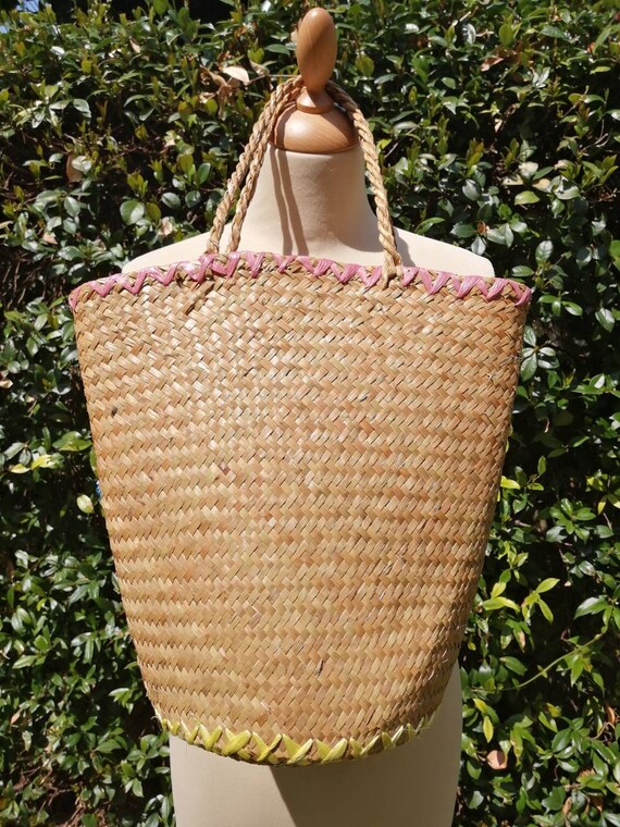 Vintage straw bag, embroidered raffia handbag, su… - image 4