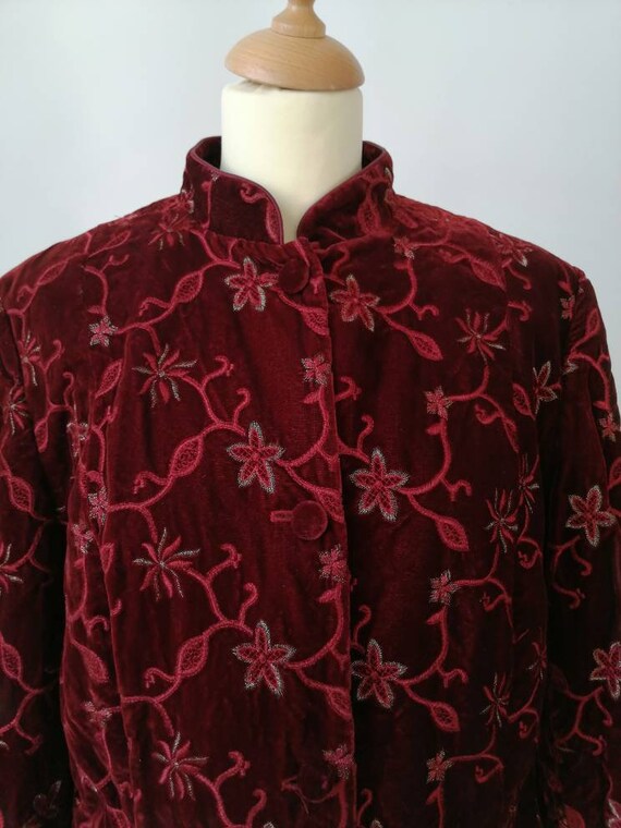 Red velvet coat, vintage embroidered coat, floral emb… - Gem