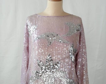 Vintage sequin blouse, 70s pink blouse, sparkling top, floral motif, embroidered blouse, party disco blouse, silk blouse, beaded top, size M/L
