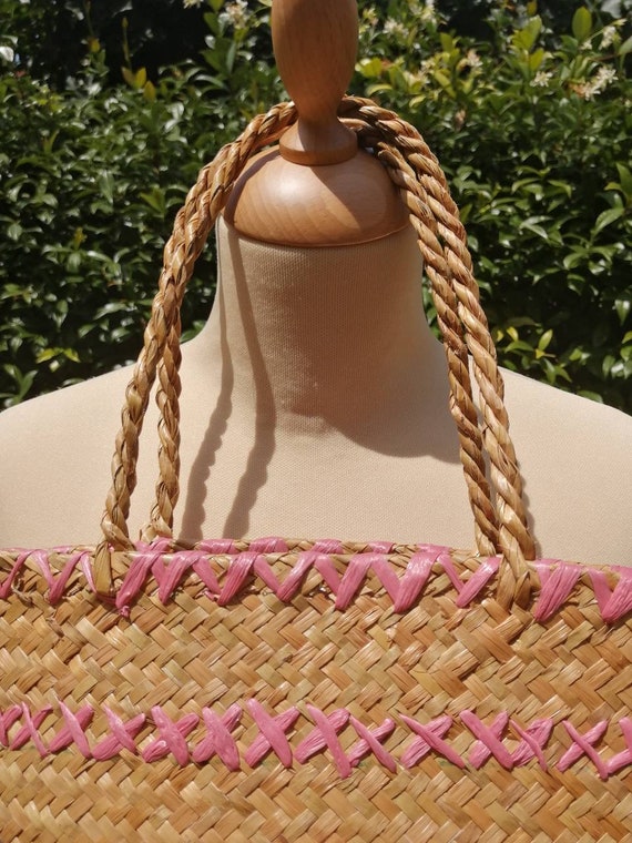 Vintage straw bag, embroidered raffia handbag, su… - image 5