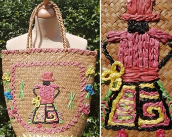 Bolso de paja vintage, bolso de rafia bordado, bolso de paja de verano, bolso de playa boho chic, bolso batik antiguo, bolso con forma de cono, bolso de estilo étnico