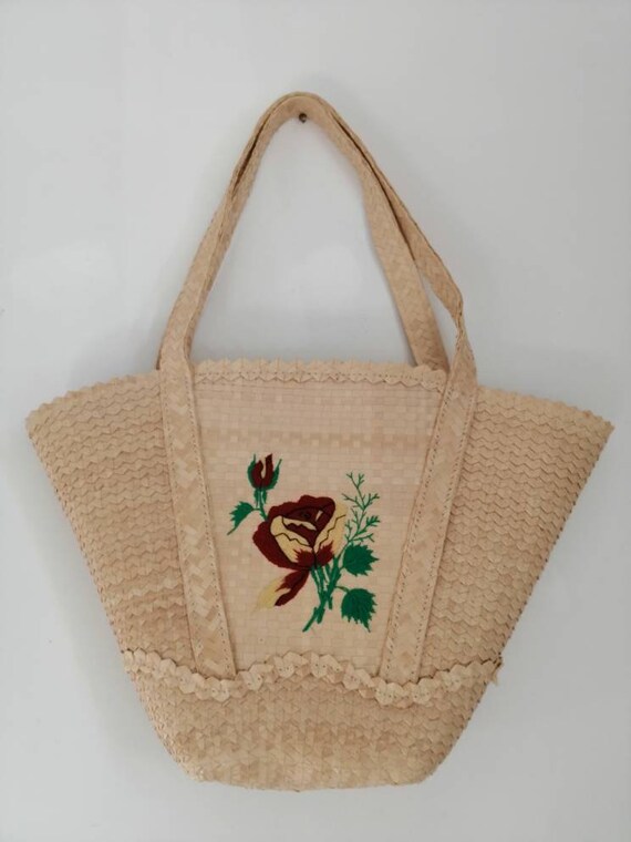 Vintage straw bag, 50s straw handbag, embroidered