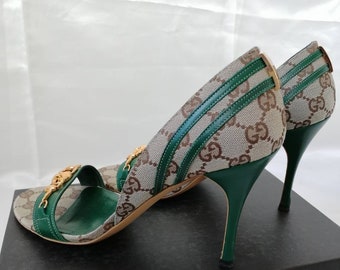 靴 Vintage Gucci Monogram Heels 36 1/2 Vintage Gucci Tom Ford Monogram Cut Out Kitten Heels Mules Women's