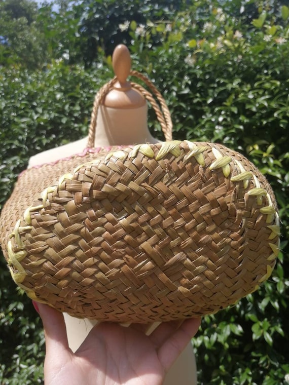 Vintage straw bag, embroidered raffia handbag, su… - image 7