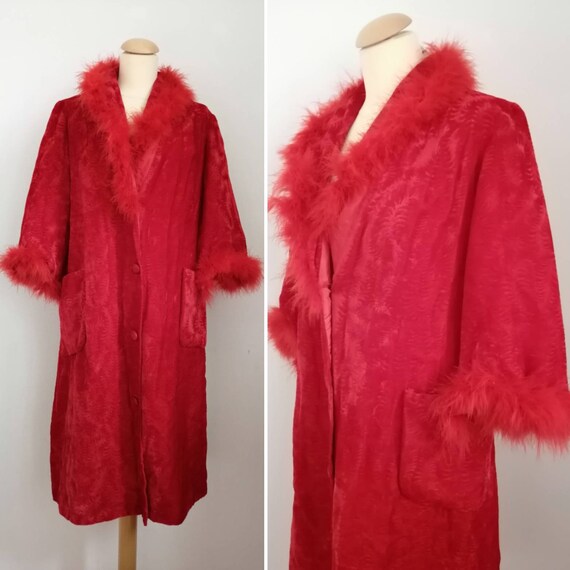 60s dressing gown, vintage neglige, red marabou dr