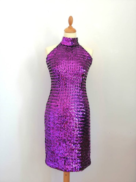 80s sequins dress, violet dress, naked back dress,