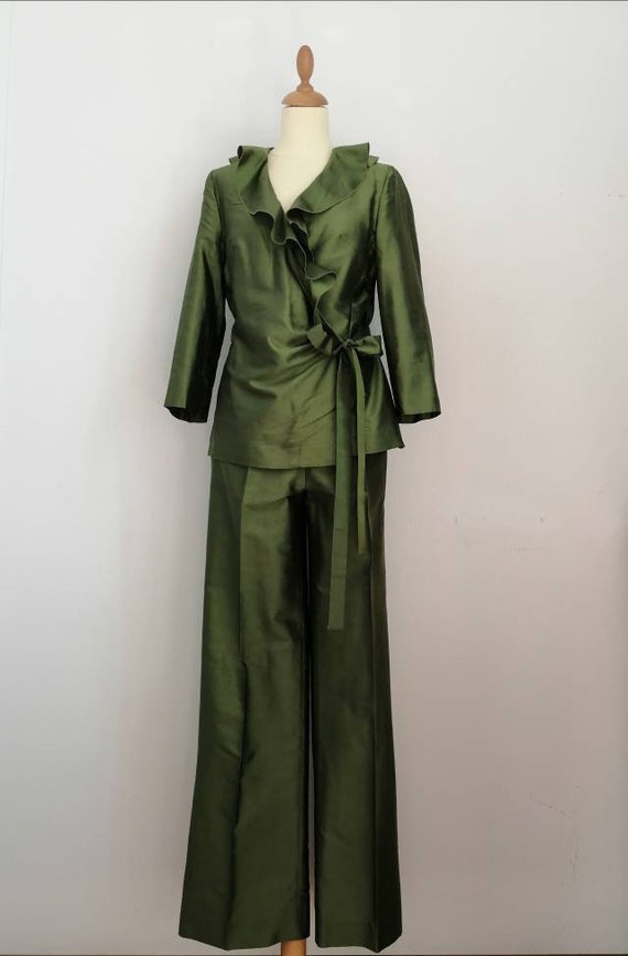 Max Mara suit, green 90s suit, green silk suit, ja