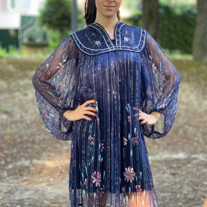 Vestido indio de gasa de algodón, vestido indio de los años 70, hilos metalizados, vestido azul, gasa de algodón de lúrex, vestido caftán de lúrex, vestido gitano de los años 70, bohemio