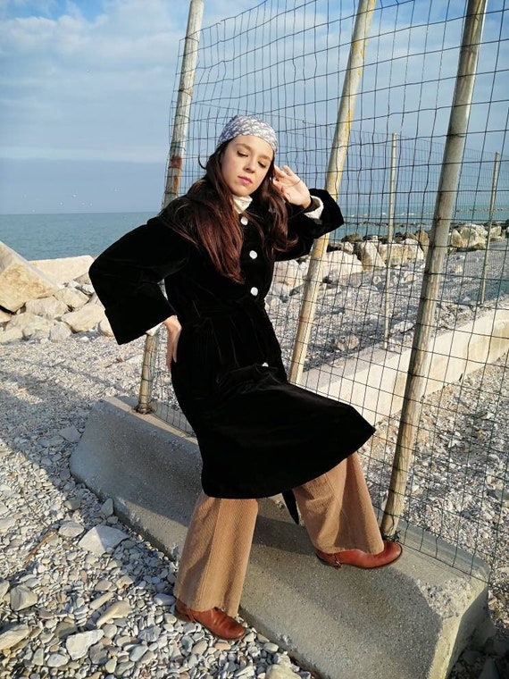 Velvet Coat Vintage Black Coat Black Velvet Jewel Buttons Belted Night Coat Opera Coat Long Duster Coat Winter Elegant and Minimal Etsy UK