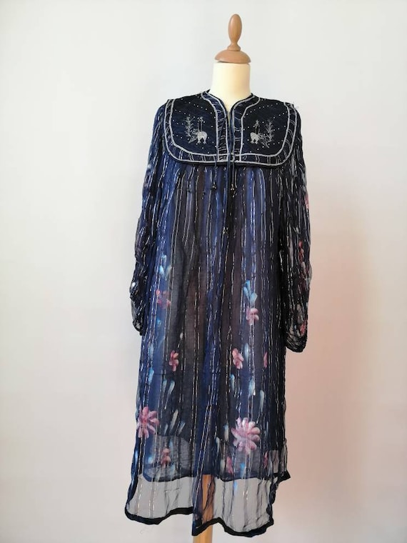 Indian Cotton Gauze Dress, 70s Indian Dress, Metallic Threads