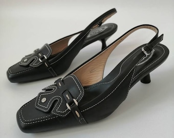 Tod's slingback, black leather, Tod's shoes, square toe, low heel, black slingback, elegant shoes, quilted, Italian shoes, size 36.5