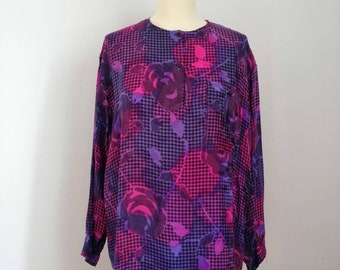 Pancaldi blouse, 70s silk blouse, vintage psychedelic blouse, electric violet, floral motif blouse, 70s punk blouse, roses blouse, size M