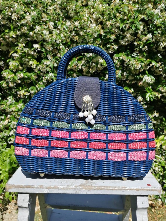 Vintage 50s wicker bag, trim wicker handbag, blue