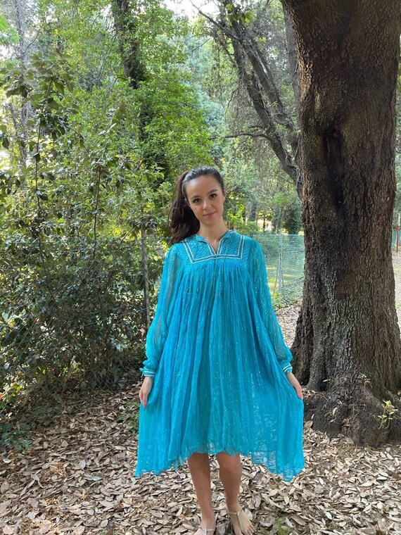 ワンピース vintage embroidery gauze long dress Indian Cotton Gauze Dress, 70s Vintage Dress, Cotton Gauze