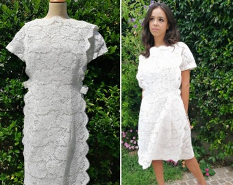 Vintage 50s bridal dress, lace wedding dress, wiggle dress, vintage bridal gown, 50s white lace dress, two pieces wedding dress, Lyon lace