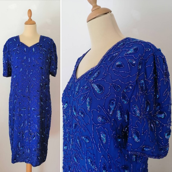 Beaded dress, vintage 80s dress, silk dress, elect