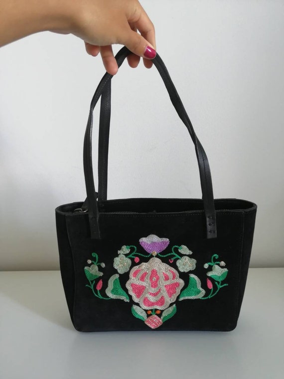 Casadei Bag, Vintage 90s Black Handbag, Black Suede Leather