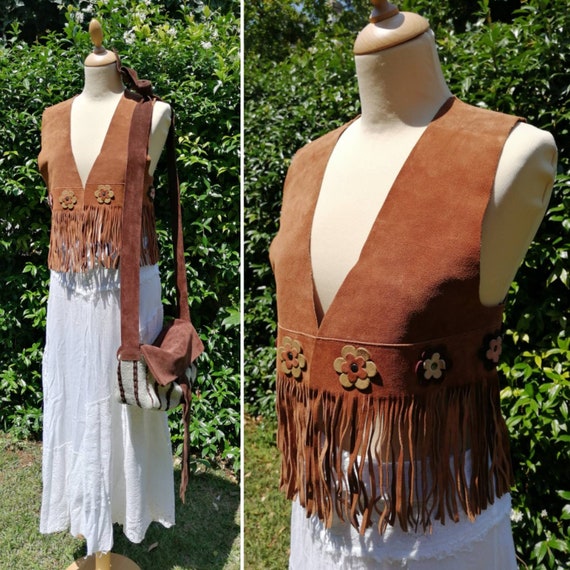 Fringes suede leather vest, vintage 70s leather ve