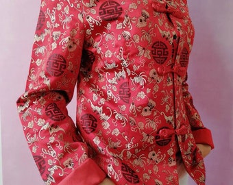 Chinese Jacket, 90s Vintage Blazer, Oriental Style, Red Silk Chinese Jacket, 90s Vintage Blazer, Oriental Style, Red Silk