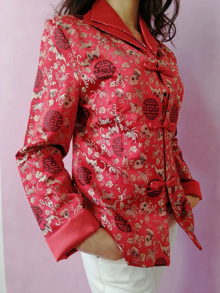 Chinese Jacket, 90s Vintage Blazer, Oriental Style, Red Silk Chinese Jacket, 90s Vintage Blazer, Oriental Style, Red Silk