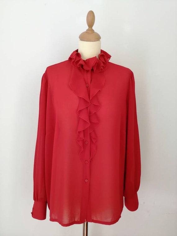 Frills blouse, vintage red blouse, 80s blouse, red