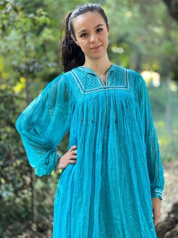 Indian Cotton Gauze Dress, 70s Vintage Dress, Cotton Gauze, Metallic  Threads, Lightblue, Lurex Cotton Gauze, Lurex Threads, Quilted Top 