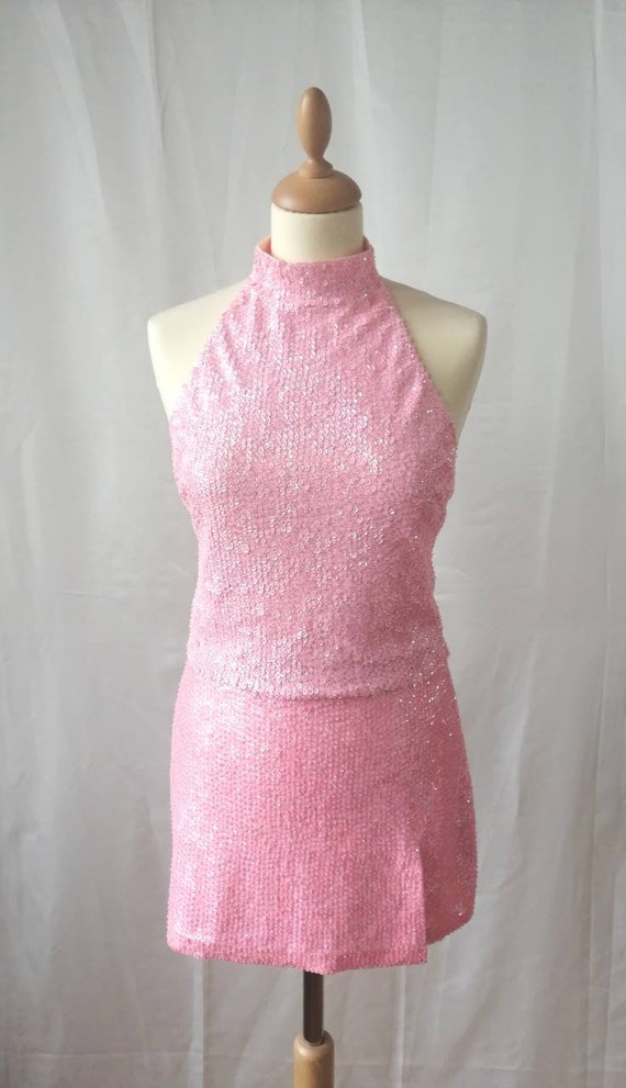 Pink sequined short suit, vintage handmade sequin… - image 8