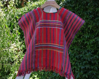 Vintage Mexican hand embroidered huipil top, embroidered cotton poncho, red blouse, ethnic blouse, sleeveless, cotton blouse, 70s blouse