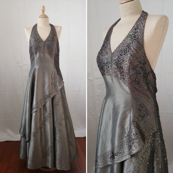 Robe de bal infini, robe de mariée brodée, cascade de perles étincelantes, robe dos nu, reine du bal, satin vert sauge, robe large de luxe