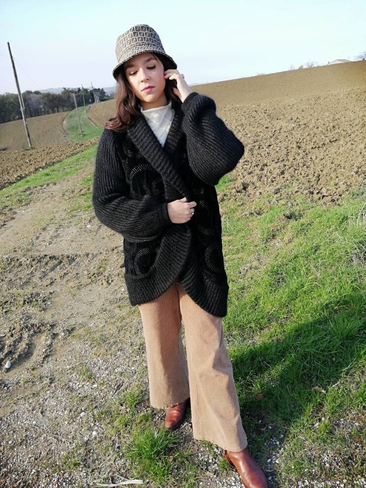 Vintage Maxi Cardigan, Long Cardigan, Black Woolen Coat
