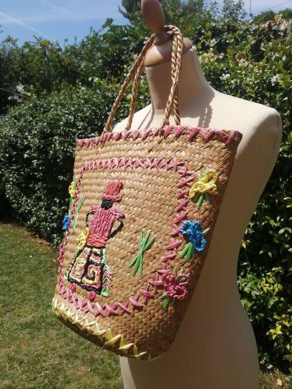 Vintage straw bag, embroidered raffia handbag, su… - image 2