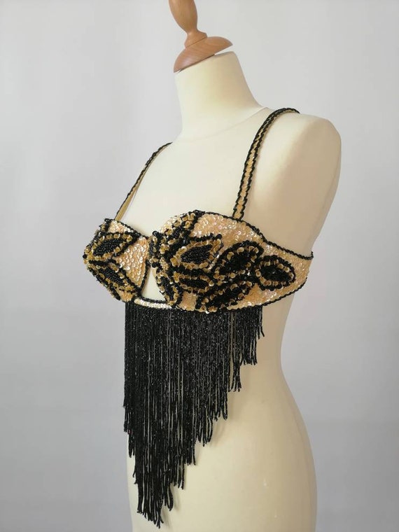 Moulin Rouge Bra, Sexy Golden Bra, Sequined Bra, Black Fringes Bra